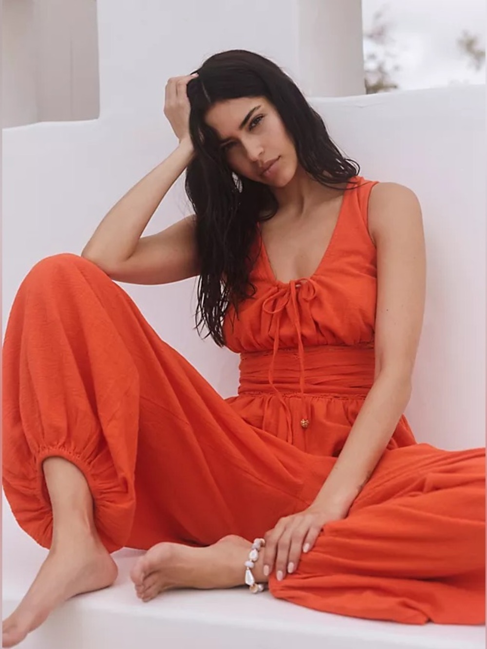 Free People Livin’ Lovely Crochet Cotton Jumpsuit Orange Small